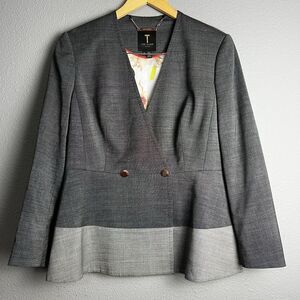 Ted Baker TRESSAJ T Size 4 Gray London Contrast Peplum Double Breasted‎ Blazer